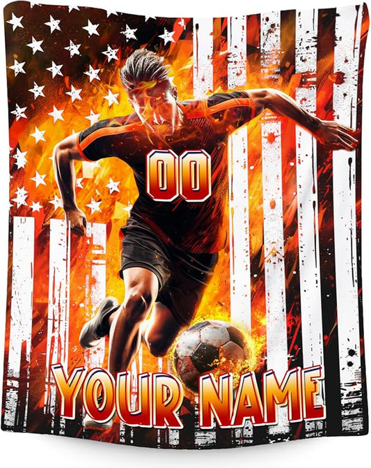 Soccer Blanket for Boys, Personalized Kids Throw Blankets, Custom Soccer Gifts for Son, Warm Flannel Sports Theme Throw for Sofa, 30"x40"