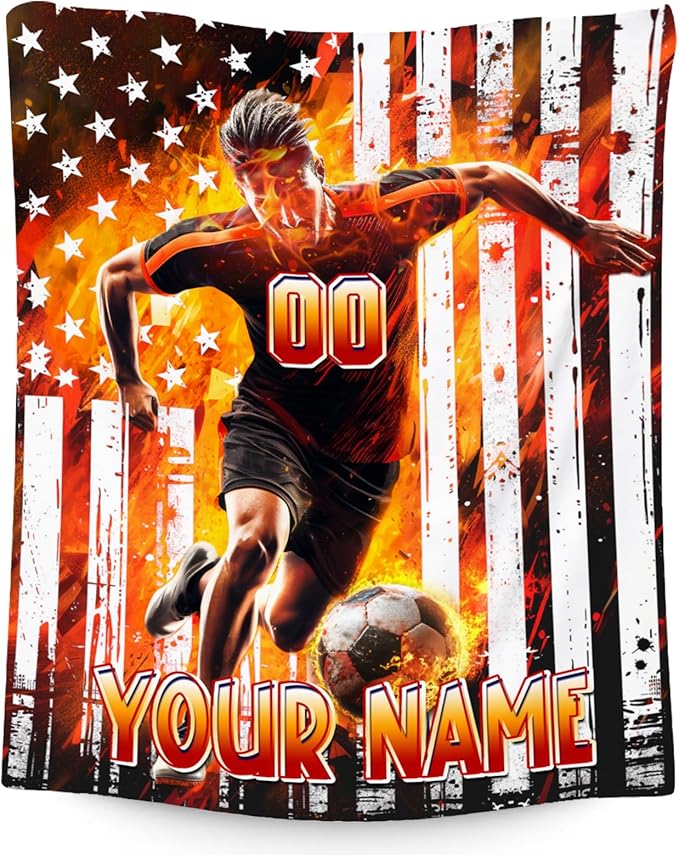 Soccer Blanket for Boys, Personalized Kids Throw Blankets, Custom Soccer Gifts for Son, Warm Flannel Sports Theme Throw for Kids Teens, 50"x60"