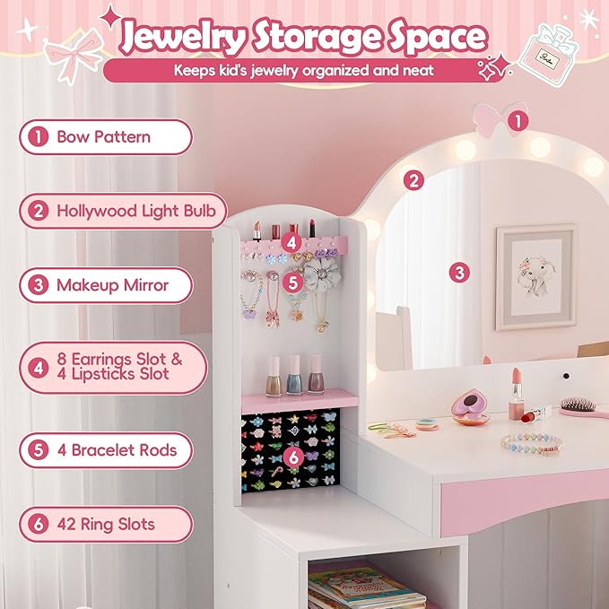 MU Kids Vanity, Girl Vanity Set with Mirror and Chair, 2 in 1 Toddler Makeup Vanity Table with Jewelry Storage, Wooden Princess Makeup Desk Dressing Table for Little Girls, White