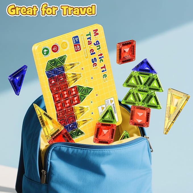 Mini Magnetic Tiles Travel Set - 40PCS Diamond Texture Magnetic Building Blocks for Kids, 10% Thicker & Portable Yellow Metal Storage Box, Montessori STEM Educational Toys Gift for Ages 3+