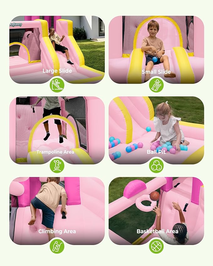 Inflatable Bounce House, Large Bouncy Castle for Kids with Slide, Outdoor & Indoor, 450W Blower - Pink