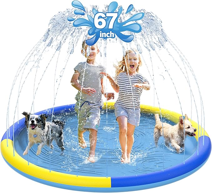 67" Non-Slip Splash Pad for Kids and Dog, Thicken Sprinkler Pool Summer Outdoor Water Toys, Extra Large Backyard Wading Pool for Children Boys & Girls or Pet Dog (Blue&Yellow)