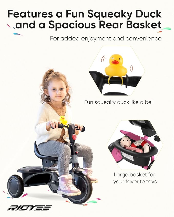 Toddler Tricycle for 18 Months to 5 Years, Foldable Tricycles for 3-5 Year Olds, Kids Tricycle with Adjustable Carry-Friendly Ergonomic Seat and Covered Large Basket, Pink