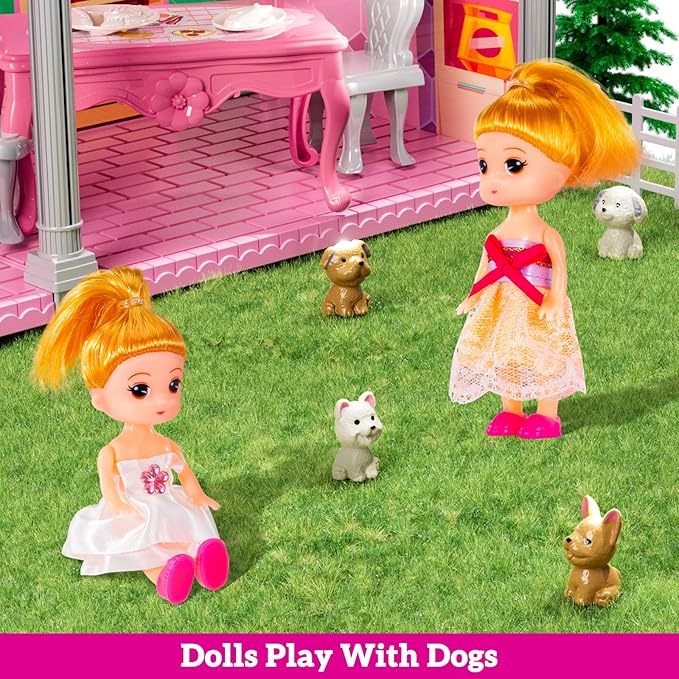 Pink Villa Playset for Girls Ages 3-7, 2-Story 4 Room House with 2 Dolls, Furniture and Accessories, Indoor Playset Girls Toys for Ages 6-8, Pretend Toddler Toy, Birthday Gifts for Kids 4-8