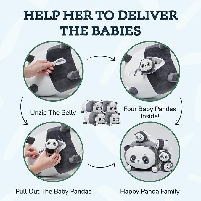PixieCrush Panda with Puppies Plush Toy Set - Super Soft Plush Material - Includes Mommy Panda with 4 Removable Puppies - Black White - Perfect Toy for Girls