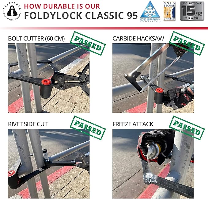 Seatylock FoldyLock Classic Folding Bike Lock - Patented High Security Sold Secure Silver Bicycle Lock - Heavy Duty Anti Theft Secure Guard with Keys & Case Mount - 37.4"