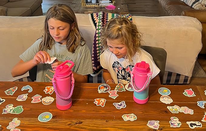 Mininoo Kids Water Bottle for School, 16oz Insulated Stainless Steel Water Bottle Kids with Straw Lid for Girls（Purple/Pink）