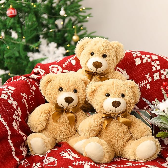 MorisMos 3Pcs Teddy Bears Bulk Baby Shower, 14inch Cute Teddy Bear Stuffed Animals Plush, Small Stuffed Bears on Centerpiece Baby Shower, Brown