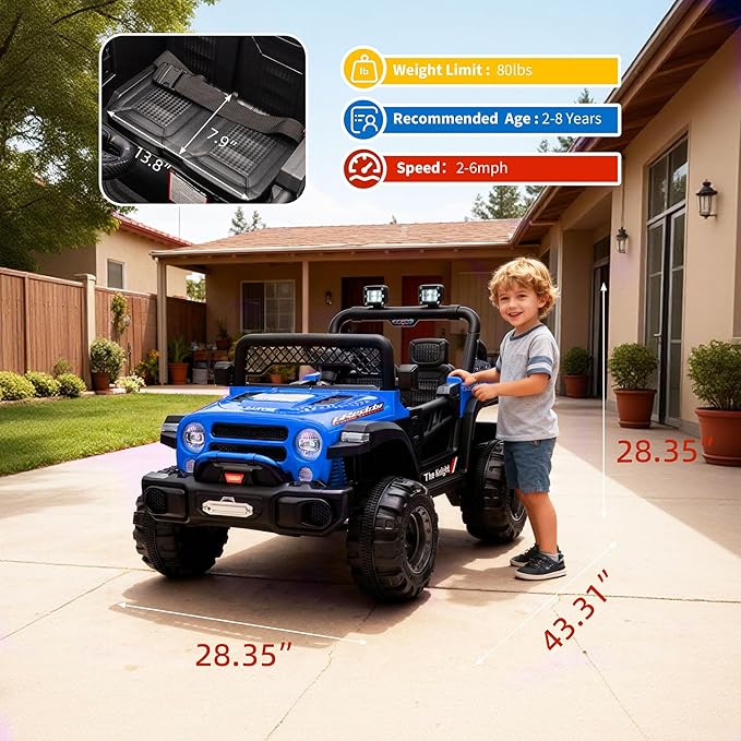 12V Kids Electric Ride on Truck，Parent Remote Control Car for Kids| Features 3 Speeds to 6MPH, 2 * 550w Moto, Spring Suspension, LED Lights, Music | for Children Aged 2-8 Years, Blue