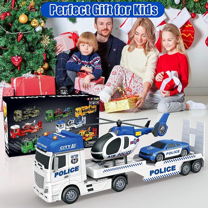 Large Police Car Toy for Kids Boys - 25'' Semi Truck Toy with Racing Car and Helicopter - Police Toys Birthday Gift for Kids Toddlers 3 4 5 6 Year Old, Play Vehicles with Light and Sound