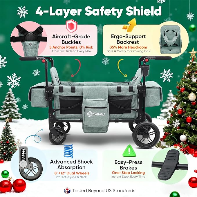 Sekey Wagon Stroller for 2 Kids, Luxury 4-in-1 Stroller Wagon - Premium Quality with Convertible Seats, Adjustable Push Handles, Removable Canopy, Snack Tray & Cooler, US Certified. Green