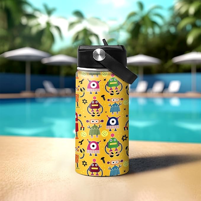 Kids Water Bottle with Straw Robot Insulated Water Bottles 12oz Stainless Steel Travel School Tumbler Double Wall Vacuum Cup for Boys Kid