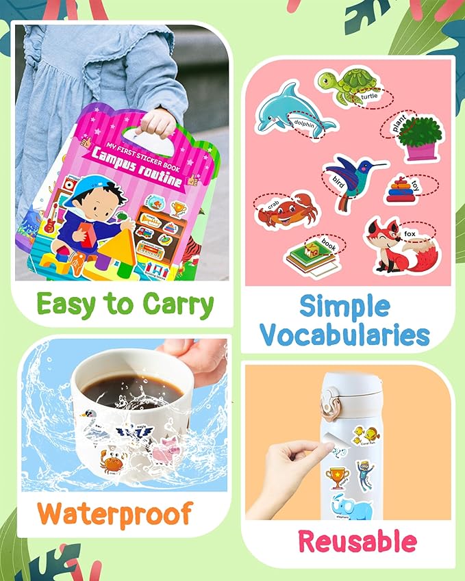 Benresive Reusable Sticker Book for Toddlers 2-4 Years, 3 Sets Travel Stickers for Kids, Waterproof Sticker Books for Toddlers 1-3, Crafts Activities for Todddlers 1-3 2-4 3-5