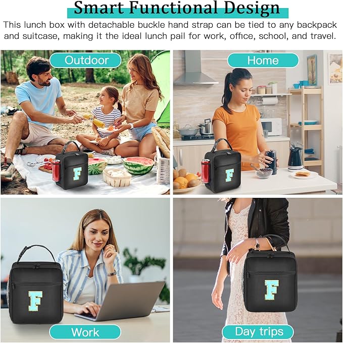 Initial Insulated Lunch Bag, Lunch Box with Initial Letter Patch for Teen Adult, Reusable Lunch Bag for Men Women, Ideal Back to School Gift Birthday Gift, Blue F
