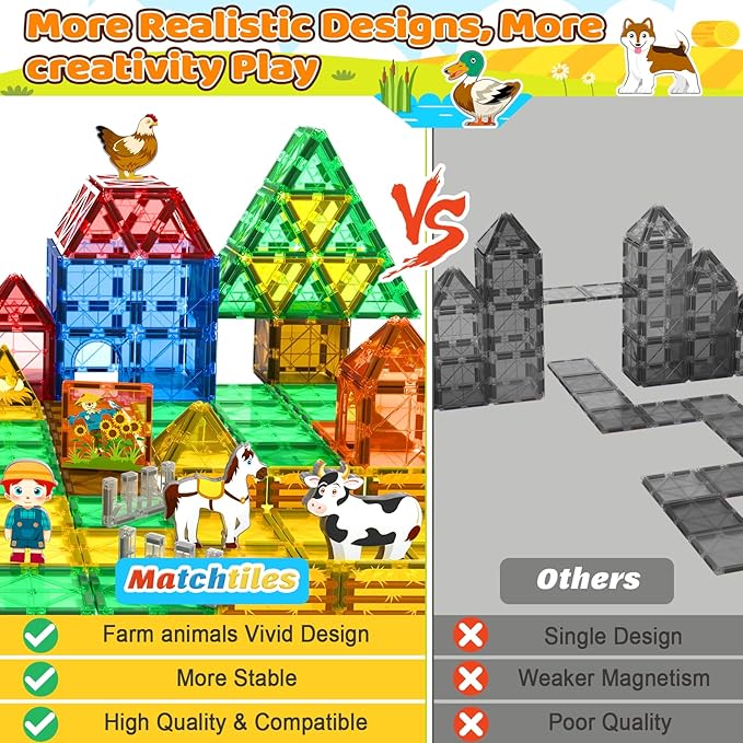 Magnetic Tiles with Farm Animals, Magnetic Blocks Building Toys for 3+ Year Old Toddler, Construction STEM Magnet Toys Gift for Kids, Boys and Girls 3 4 5 6 7 8+ Year Old