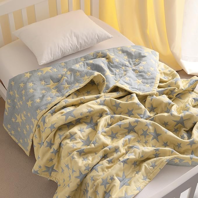 NTBAY 3 Layer Toddler Blanket, Muslin Cotton Jacquard Bed Blankets, Lightweight Thermal Baby Blanket, Super Soft and Warm Crib Blanket for All Seasons, Decoration Gift, 30"x40", Blue and Yellow Star