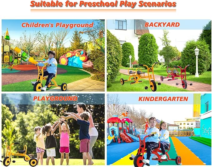 Tandem Tricycles for Kids 5-7 Year Olds, 2 Seater Preschool Pedal Kids' Trike with Solid Rubber Tires & Sturdy Metal Frame, Elementary School Daycare Kindergarten Outdoor Playground Equipment