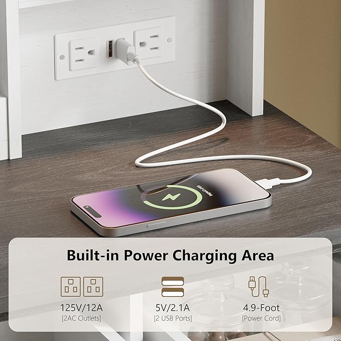 43'' Makeup Vanity with Mirror and Lights, Farmhouse Vanity Desk with Drawers & Charging Station, 3 Lighting Modes & Adjustable Brightness, Glass Cabinet, Dressing Table for Bedroom, White