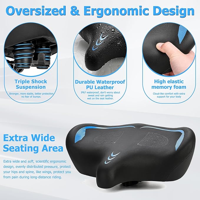 Oversized Bike Seat for Men & Women Comfort, Extra Wide Bicycle Seat Cushion, Comfortable Wing Padded, Large Replacement Saddle for Peloton, Stationary Exercise Bike, Ebike, Cruiser, City Bike