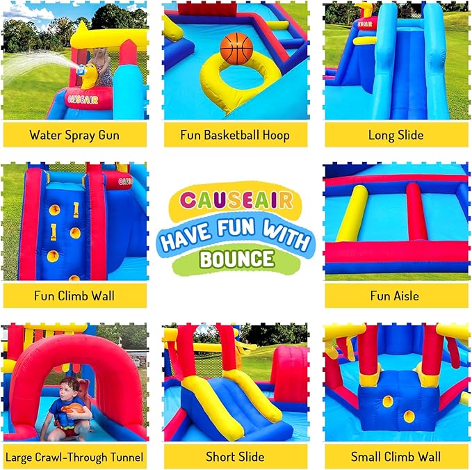 Inflatable Water Slide Park for Party Fun,15x15FT,Big Splash Pool,Long&Short Slides,Fun Crawl Tunnel,Basketball Hoop,GFCI Blower,Bounce Castle for Kids