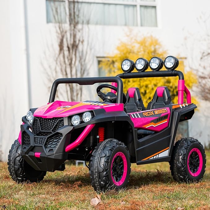 24V 2-Seater Kids Ride-On UTV, 4WD Electric Car with Parent Remote Control, 4x200W Motor, Spring Suspension, LED Headlights & Searchlights, Bluetooth Music, 3-Speed, New Edition, Magenta