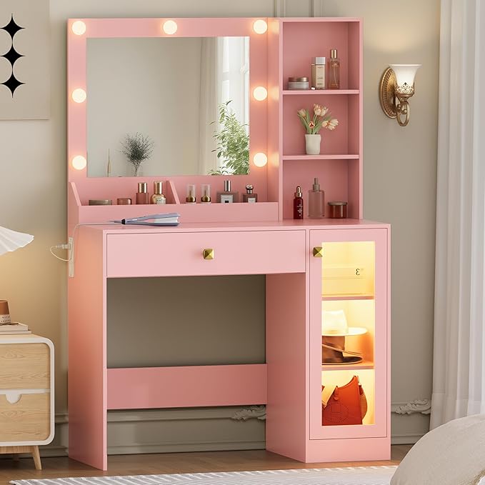 Makeup Vanity with Mirror and Lights & Power Outlet, 34'' Small Vanity Desk with Drawers and Storage Cabinet & Makeup Tray, Dressing Table for Girls Bedroom Dressing Room, Pink
