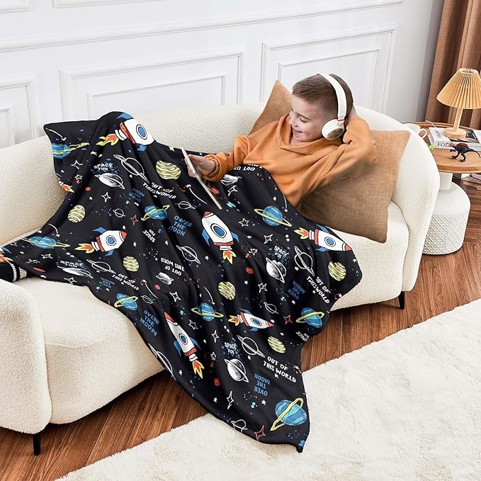 Wajade Toddler Fleece Space Blanket for Boys Kids 3D Rocket Planets Soft Throw Blanket Birthday Christmas Halloween Space Decor for Children 50"x60"