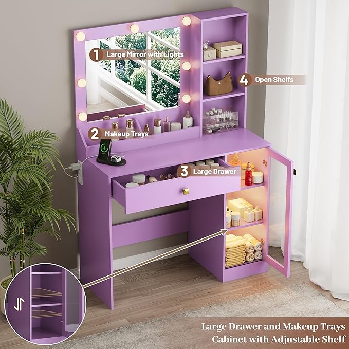 Makeup Vanity with Mirror and Lights & Power Outlet, 34'' Small Vanity Desk with Drawers and Storage Cabinet & Makeup Tray, Dressing Table for Girls Bedroom Dressing Room, Purple