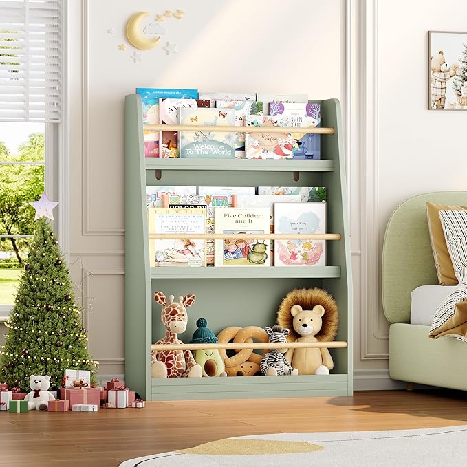 Kids Bookshelf, 3-Tier Montessori Book Shelf Organizer for Books and Toys, Toddler Bookshelf for Bedroom, Living Room, Playroom, Classroom, Nursery - Green