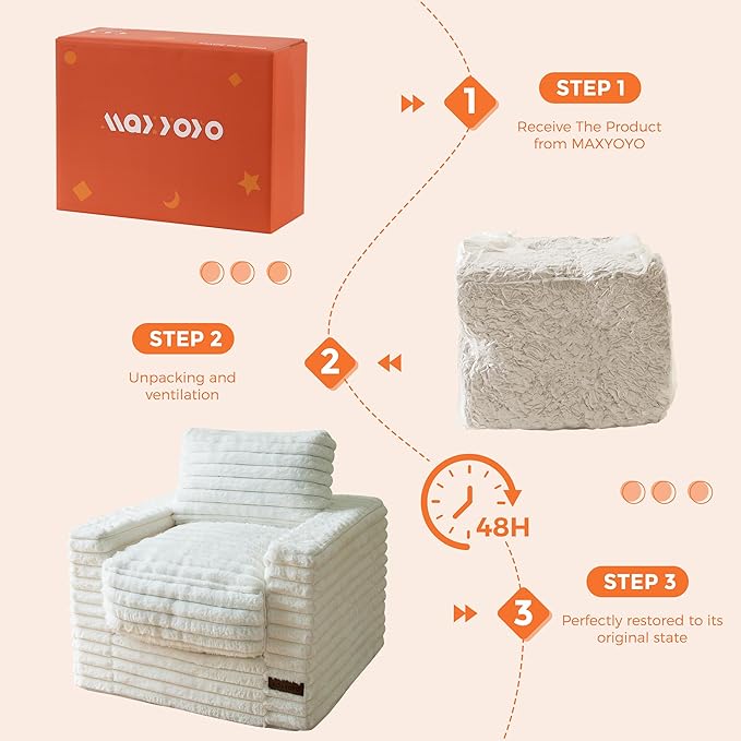 MAXYOYO Kids Bean Bag Chair, Comfy Faux Fur Bean Bag Sofa with Filler, Upholstered Floor Sofa with Pillows and Armrests, Lazy Floor Chair Couch for Boys and Girls, Beige