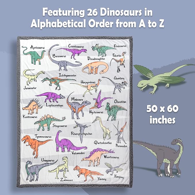 Alphabet Dinosaur Blanket - 50x60 inch Plush Mink & Sherpa Fleece Dinosaur Throw Blankets - Adorable Dino Blanket for Boys or Girls, with 26 Dinos A-Through-Z