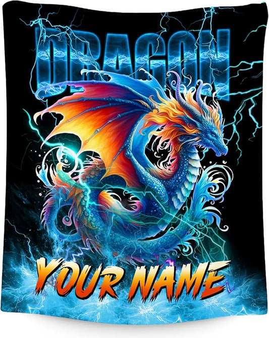 Personalized Kids Blanket with Name Boys Dragon Gifts, Warm Cozy Flannel Throw for Couch Sofa (4 Sizes)