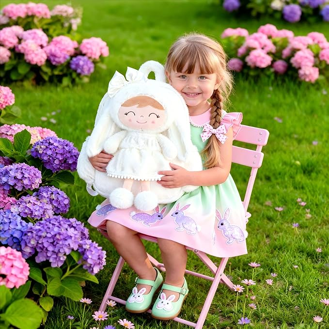 Gloveleya Toddler Backpack Plush Bag with White Bunny Detachable Design 11-inch Gift for Girl