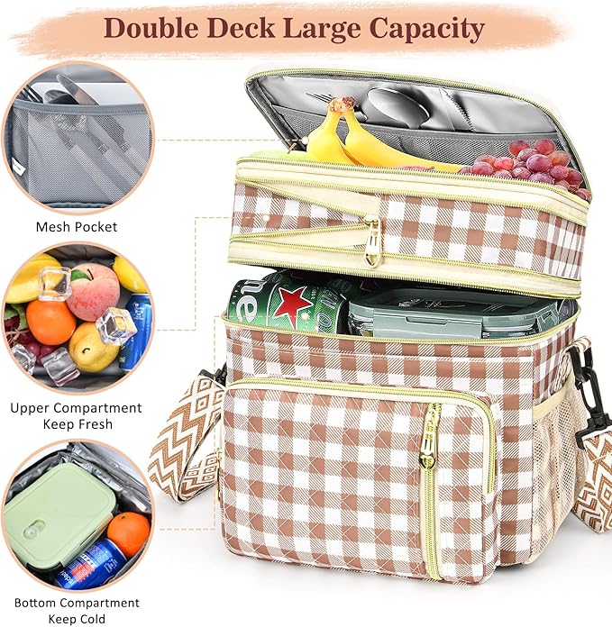 LOKASS Lunch Box for Women-16L-Insulated Lunch Bag Women, Expandable Double-layer Leakproof Cooler Bag with Upgrade Adjustable Shoulder Strap Ideal for Work/Travel/Picnics（Brown&White Check）