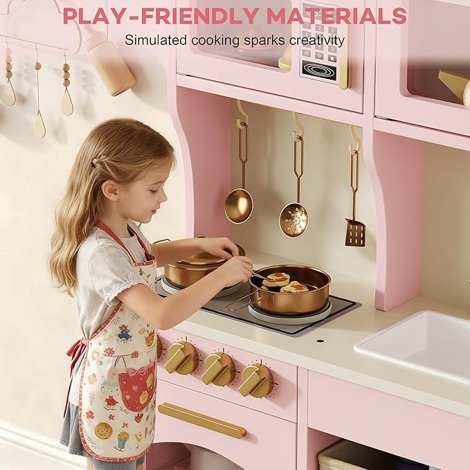 Play Kitchen for Kids, Wooden Toy Kitchen Set with Smart Storage & Accessories, Toddler Kitchen Playset with Stove & Oven, Pretend Play Set, Gift for Ages 3-8, Pink
