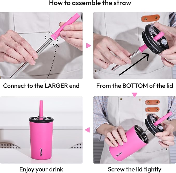 Candy Tumbler, 12 oz Kids Insulated Stainless Steel Water Bottle with Spill Resistant Silicone-Metal Straw and 2-in-1 Lid, BPA-Free, Cup Holder Friendly, Dishwasher Safe, Hot Pink