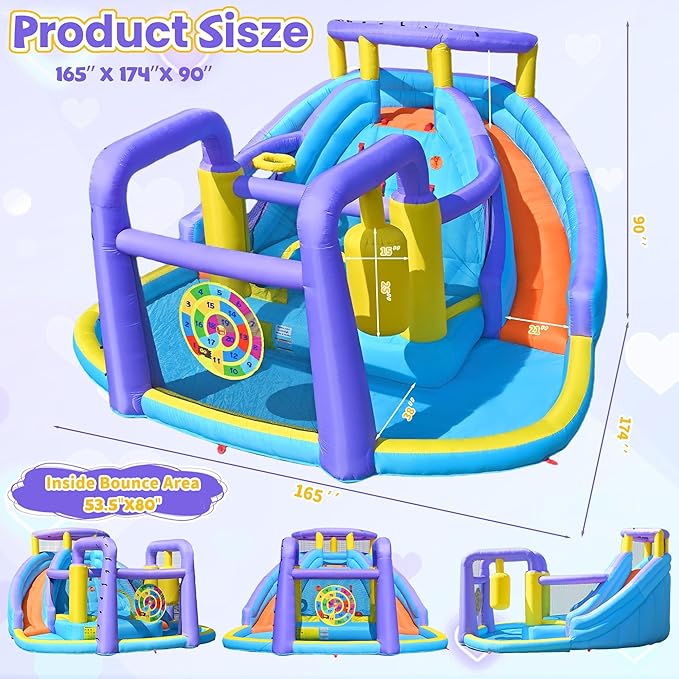 8 in 1 Inflatable Water Slide Bouncy House with Double Slides Water Park with Splash Pool,Climbing Wall,Target Game for Outdoor Backyard Aged 3-10 Kids with 520W Blower 174 x 165 x 90 Inches