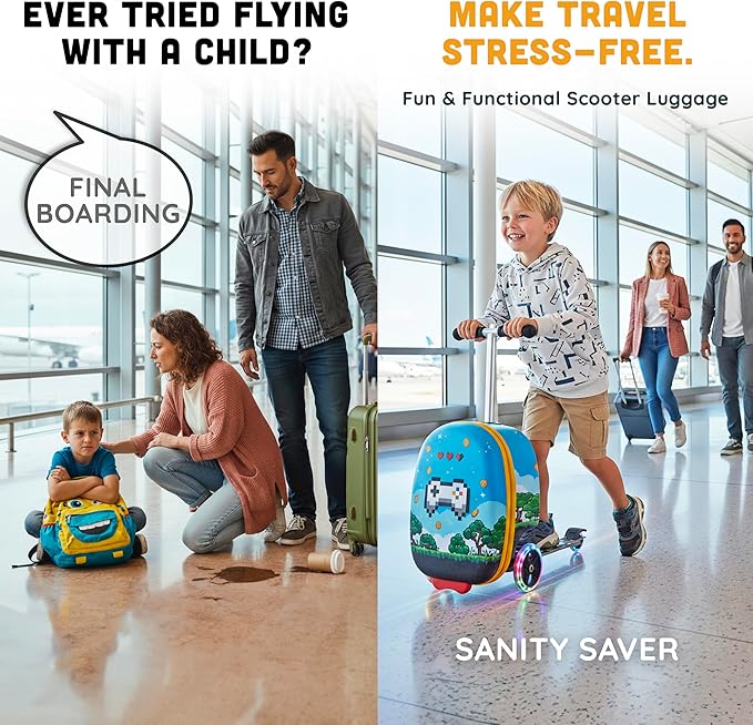 Hardshell Kids Ride-On Luggage with Scooter Suitcase – Carry-On Compliant with LED Light-Up Wheels – Fun and Functional Travel Companion for Children Ages 5–12