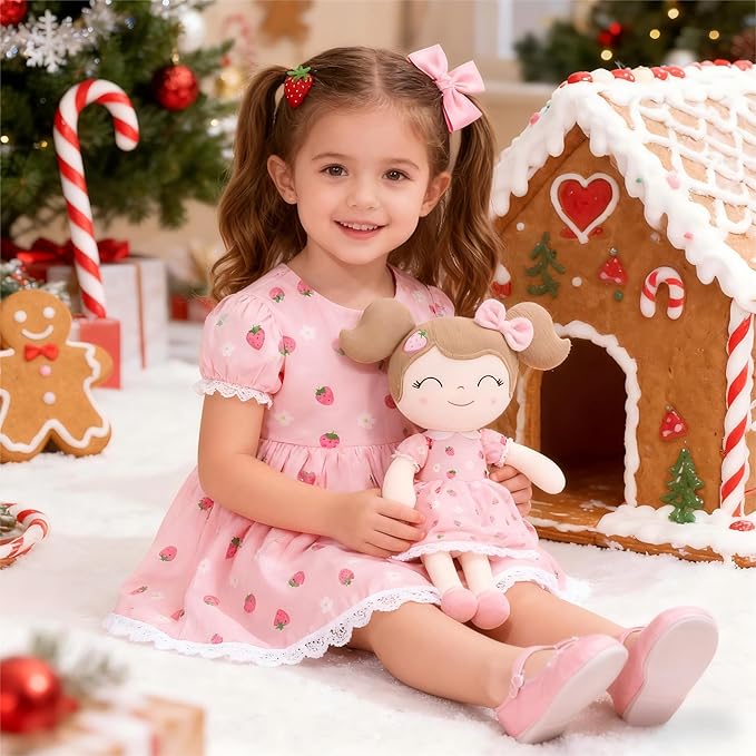 Gloveleya Baby Girl Gift – Strawberry Pink Plush Doll with Gift Box, Soft First Baby Doll for Toddler Girls, Birthday Present, Baby Shower & Holiday Keepsake