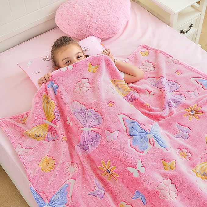 Wajade Glow in The Dark Butterfly Blanket for Girls, Soft Cozy Flannel Kids Throw Blanket for Boys and Girls, Cute Kids Blanket for Sofa Couch Bed, Christmas Birthday Gift 60"x80"