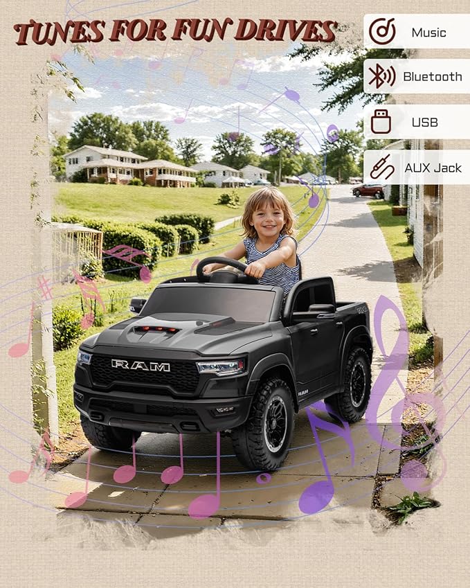 First Ride On 12V Licensed Ram 1500 Ride on Toy for Kids, Toddler Ride on Pickup Truck with Parent Remote Control, Electric Car for Kids with Truck Bed Storage, 3 Point Safety Belt (Black)
