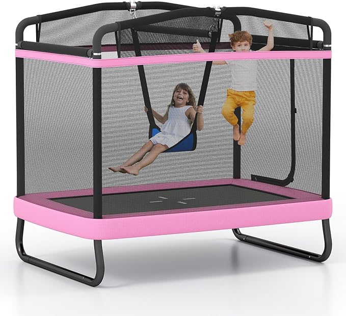 Goplus 6 x 4 FT Rectangle Kids Trampoline, Indoor Outdoor Recreational Trampoline with Swing, Gymnastics Bar & Safety Enclosure Net, ASTM Compliant Gift for Children Boys Girls