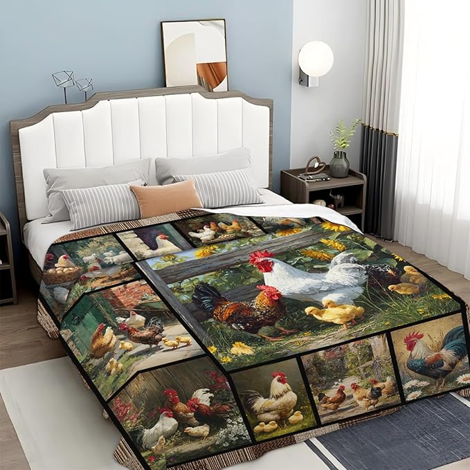 Farmhouse Rooster Throw Blanket Ultra Soft Farm Country Chicken Flannel Blanket Lightweight Cozy Blankets Gift for Women Men Couch Sofa Bed 80" x 60"