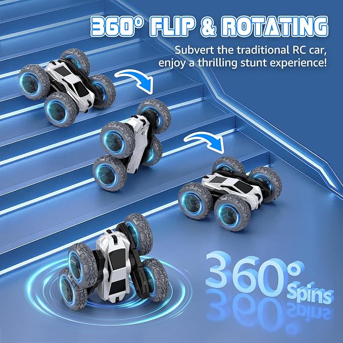 Remote Control Car for Boys, RC Monster Truck, USB Rechargeable 4WD RC Cars, 2.4Ghz Double Sided 360° Rotating Stunt Car, RC Cyber Toy Vehicle with LED Lights, Xmas/Birthday Gift for Kids Age 3+