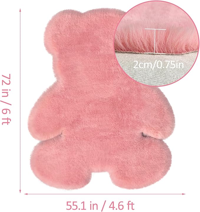 4.6x6 ft Pink Bear Soft Fluffy Large Rug, Shaggy Faux Sheepskin Fur Rug Fuzzy Shag Area Rug Cute Plush Carpet for Nursery Kids Girls Bedroom Room Aesthetic Living Room Floor Home Decor, Pink