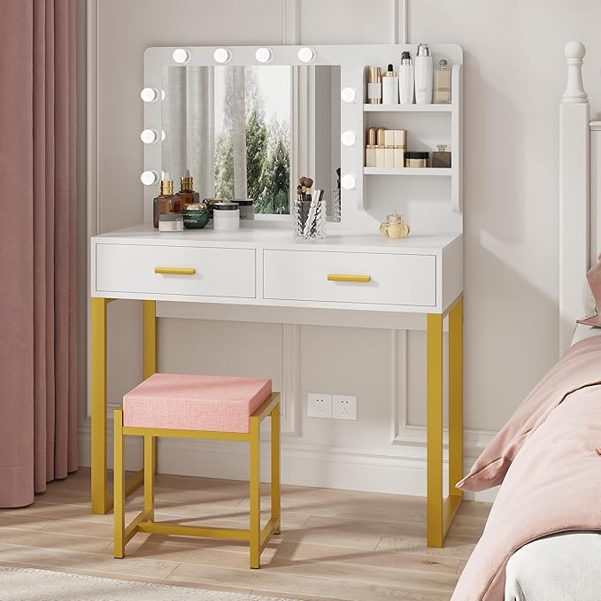Makeup Vanity Desk with Lights,White Vanity with Lighted Mirror,Vanity Desk with 2 Storage Drawers,Vanity Set with Bench