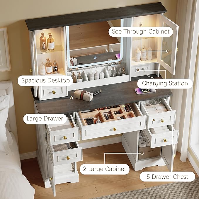 43'' Makeup Vanity with Mirror and Lights, Farmhouse Vanity Desk with Drawers & Charging Station, 3 Lighting Modes & Adjustable Brightness, Glass Cabinet, Dressing Table for Bedroom, White