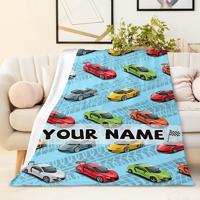 Personalized Car Blanket Gifts for Kids - 60x80 Inches Cute Cars Throw Blanket for Boys Men Race Sport Car Lovers - Custom Blue Soft Fuzzy Blankets for Couch Sofa Bed