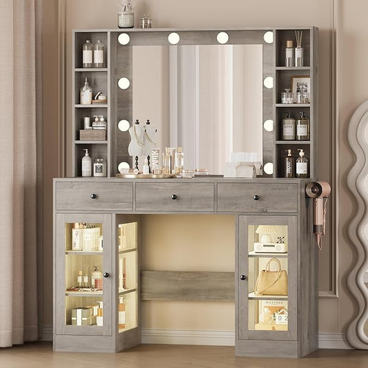 Makeup Vanity Desk with Mirror and Lights, Grey Vanity with Glass Top, LED Lights & Power Outlet, 3 Drawers & 2 RGB Glass Cabinets, Adjustable Lighted Dressing Table for Women & Girls Bedroom