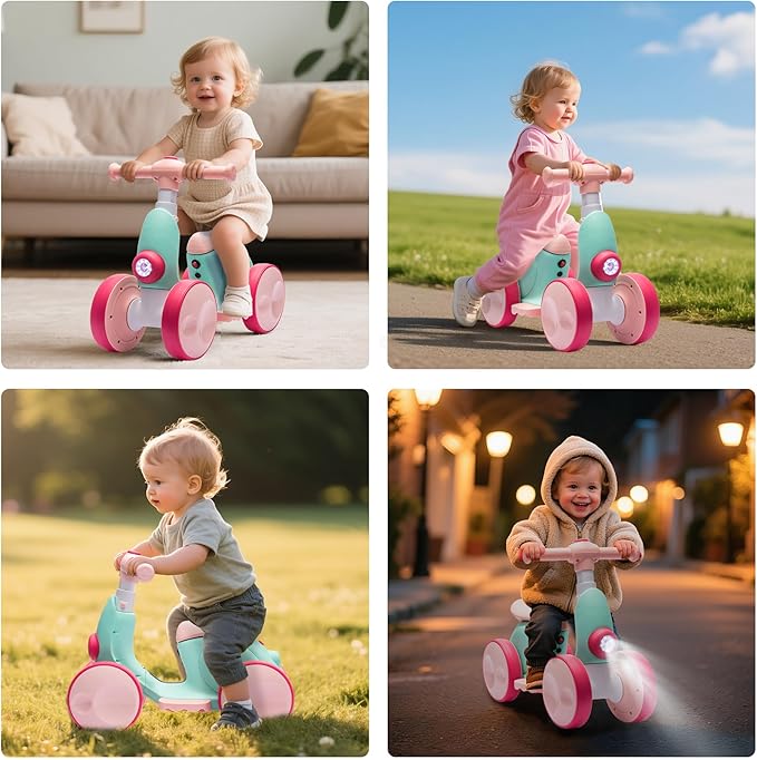 Electric Baby Balance Bike with Bubble Machine for 1 Year Old Boys Girls 4 in 1 Toddler Balance Bike 12-48 Month Kids Bubble Bike Ride Toys First Birthday Gift with Powered Motor,Music,LED Lights